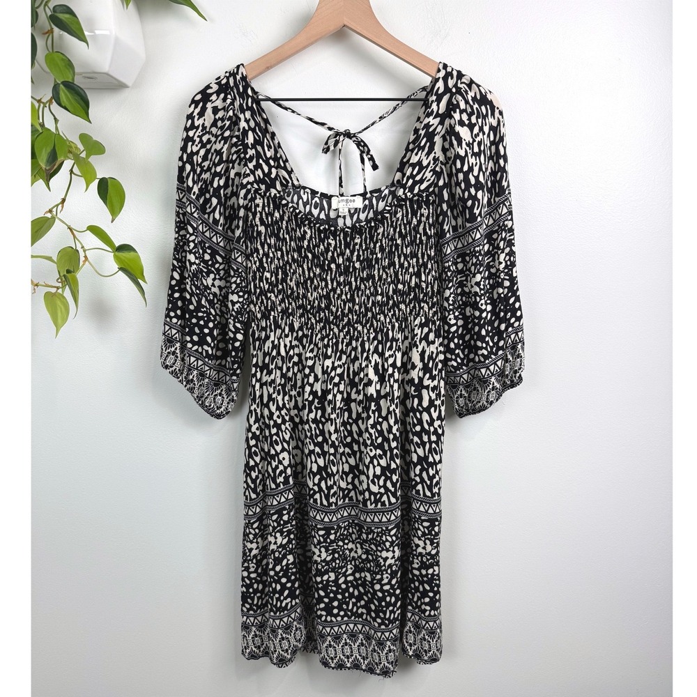 Umgee Black White Animal Tribal Print Smocked Mini Dress Tie Back S Boho Cottage